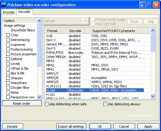 ffdshow: VFW codec configuration